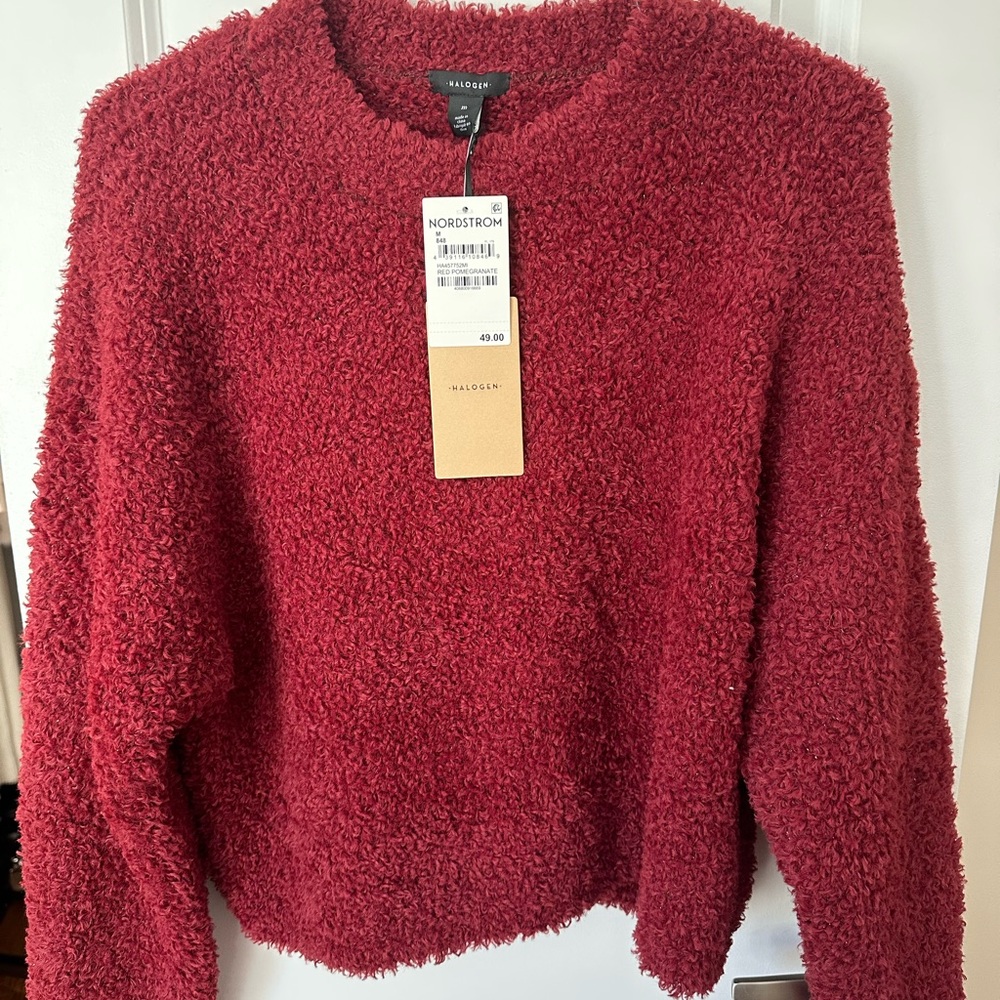 Halogen Red Crew Neck Sweater with Fuzzy Texture